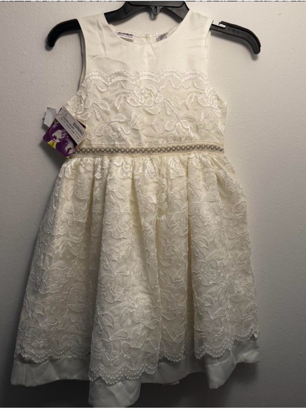 Blueberi Boulevard Ivory Lace Dress with Pearl Waistband
